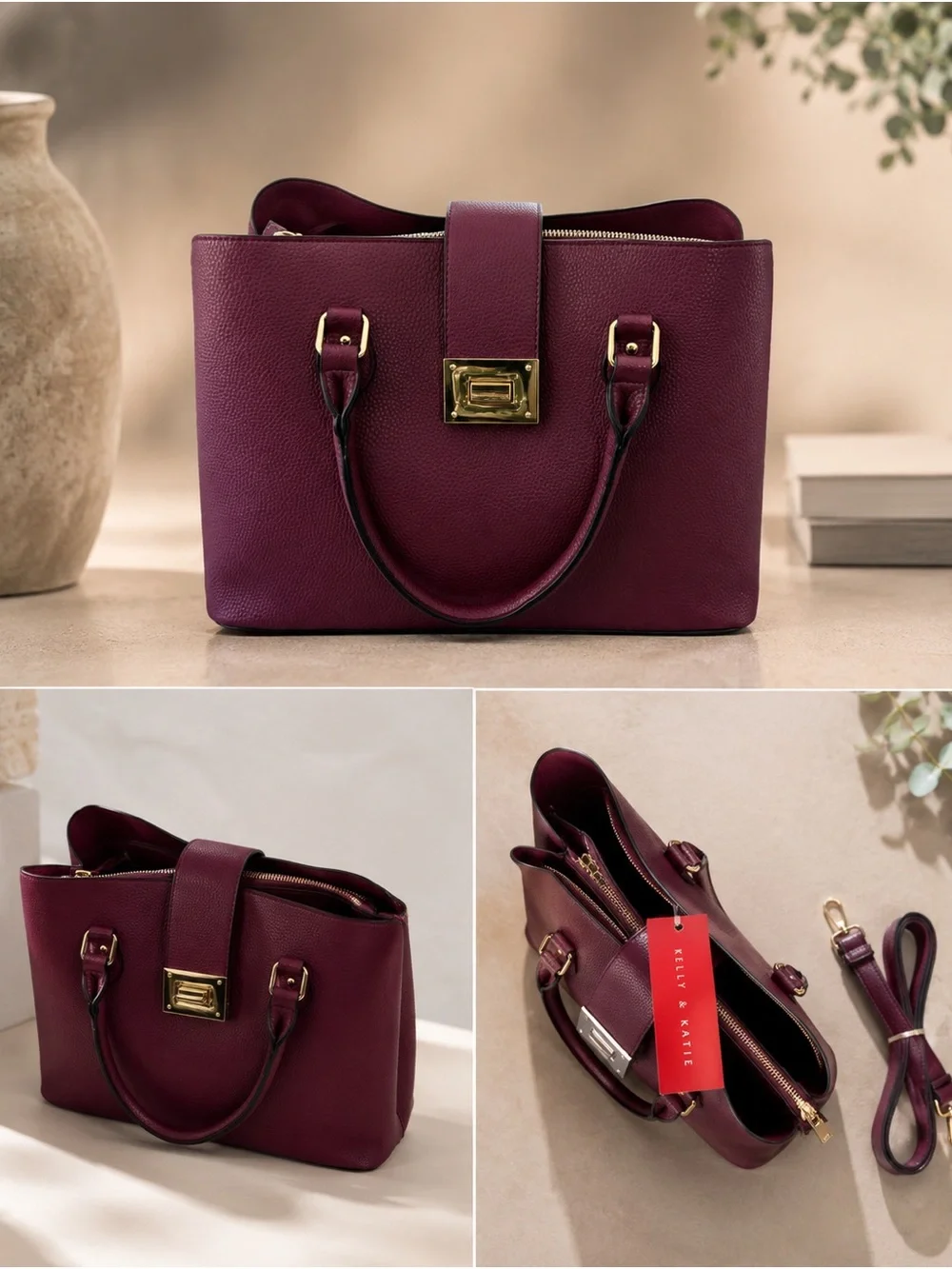 Kelly & Katie Plum Pebbled Satchel with Gold Hardware and Detachable Strap